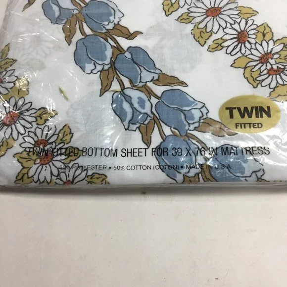 Vintage Edgemont Blue Brown Floral Twin Flat Fitted Sheet Set No Iron Muslin - Picture 4 of 6